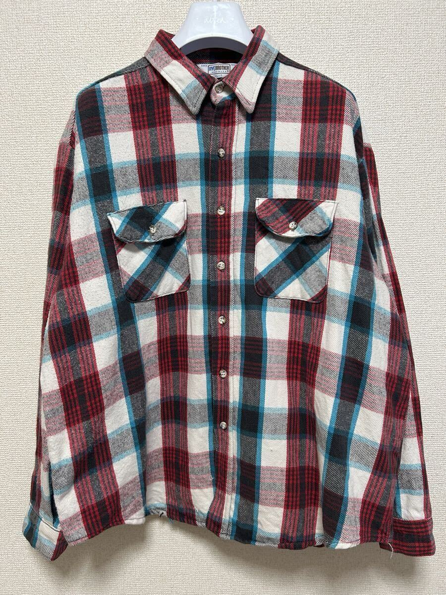 70's 80's USA製 FIVEBROTHER ヘビー フランネルシャツ 長袖シャツ 2XL マルチカラー チェックシャツ USAヴィンテージ ネルシャツ ユニチケ拍卖