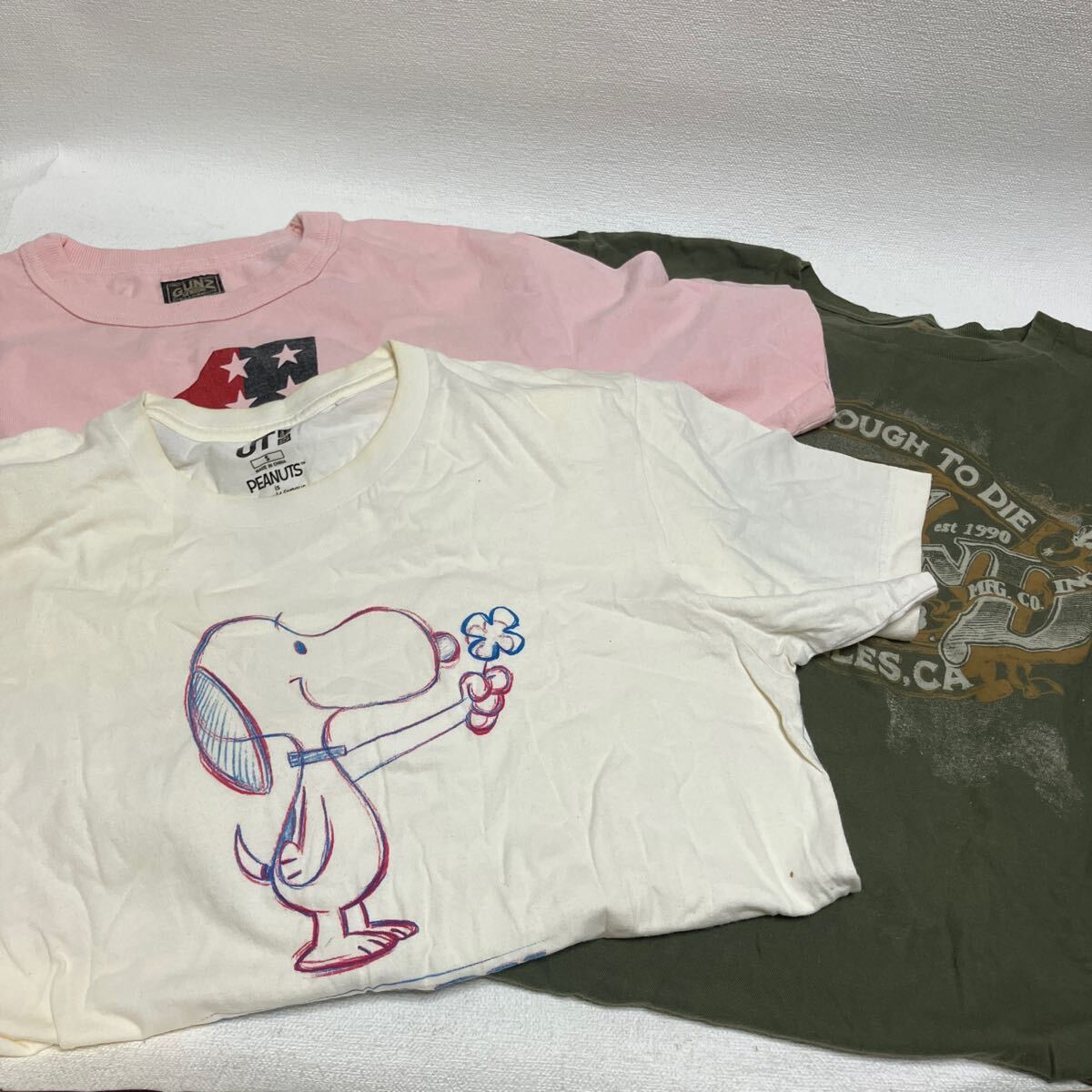 c1001 60 Tシャツ まとめて 3枚 セット 服 半袖 かなりシミ黄ばみあり ロゴ 背中ロゴ スヌーピー 白T ホワイト ピンク サイズ色々 拍卖