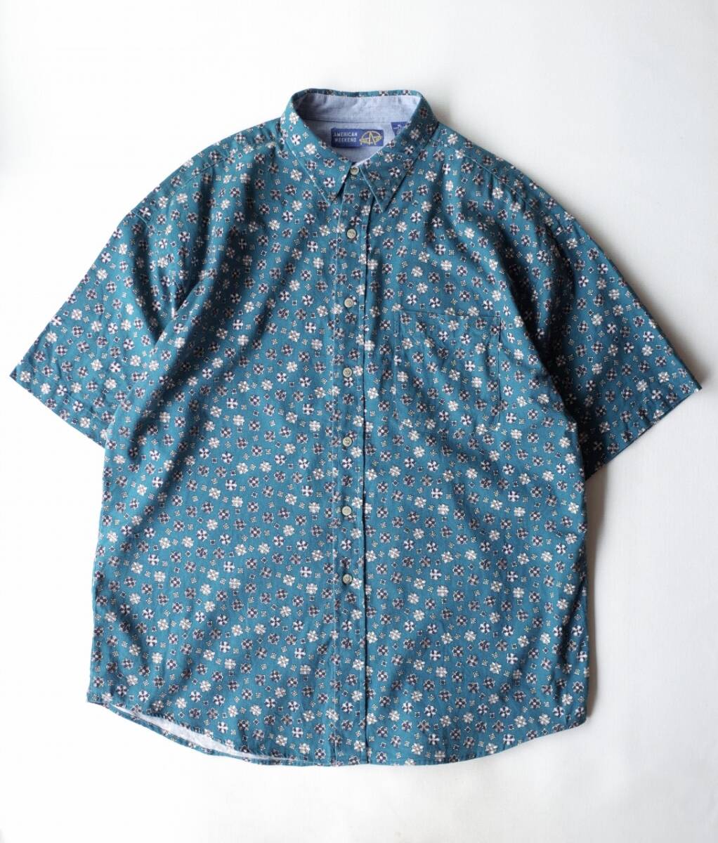 90's ビンテージ AMERICAN WEEKEND 半袖 シャツ XL グリーン 総柄 花柄 USA古着拍卖