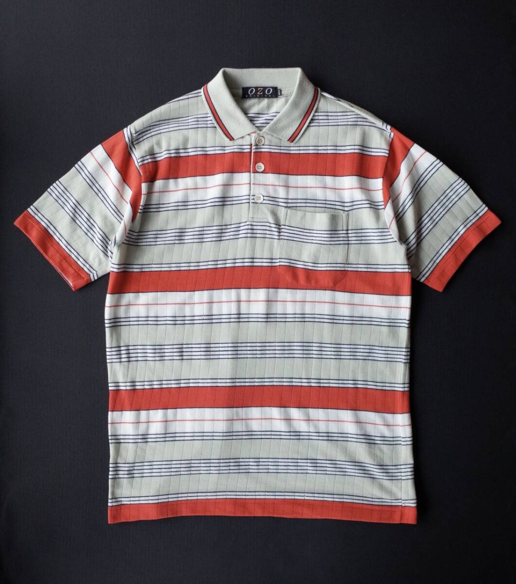 90's ビンテージ OZO ボーダー柄 半袖 ポロシャツ 42 ベージュ/オレンジ/白 USA古着拍卖