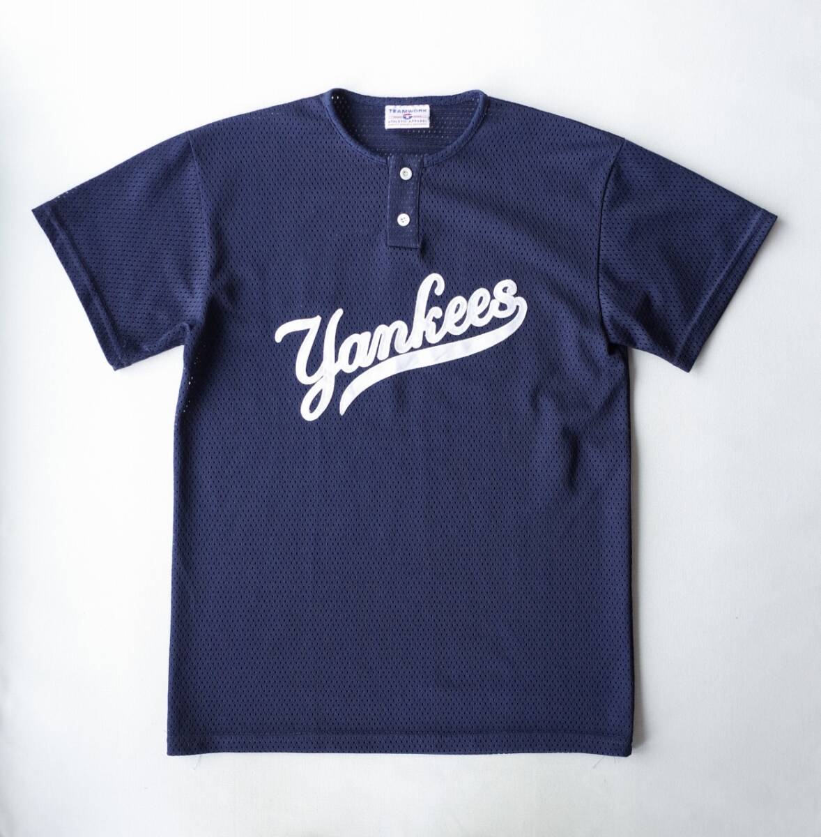 90's ビンテージ USA製 ベースボール Tシャツ メッシュ ヘンリーネック YANKEES ニューヨーク ヤンキース 紺 M拍卖