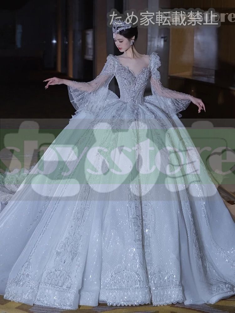 大値下げ フランス式ウェディングドレス 2025年新作 新婦 高級感 重工豪華 トレーン 宮廷風 主ドレス アームカバー付き拍卖