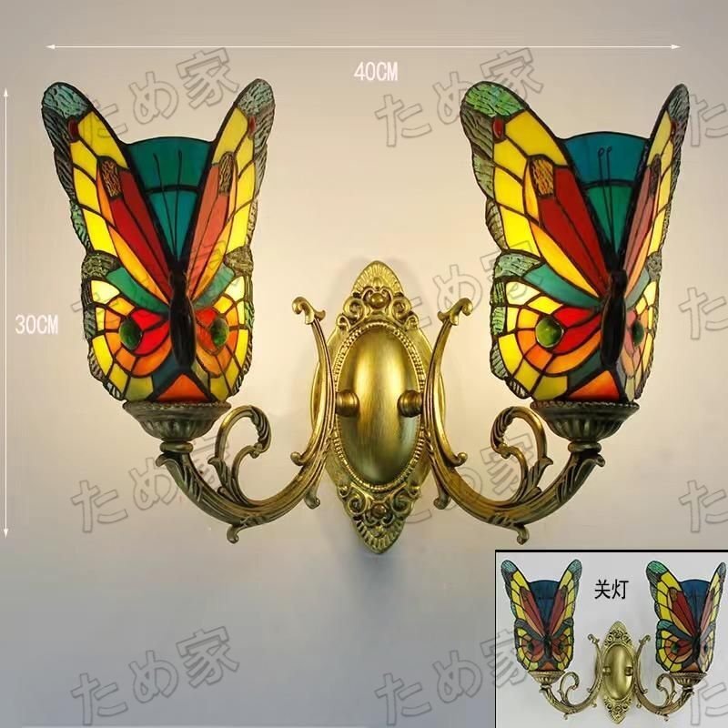 13 チョウチョウ ステンドグラスランプ ステンドグラス ペンダントライト壁掛け照明ガラス工芸品 豪華 ダブルライト 電球つき拍卖