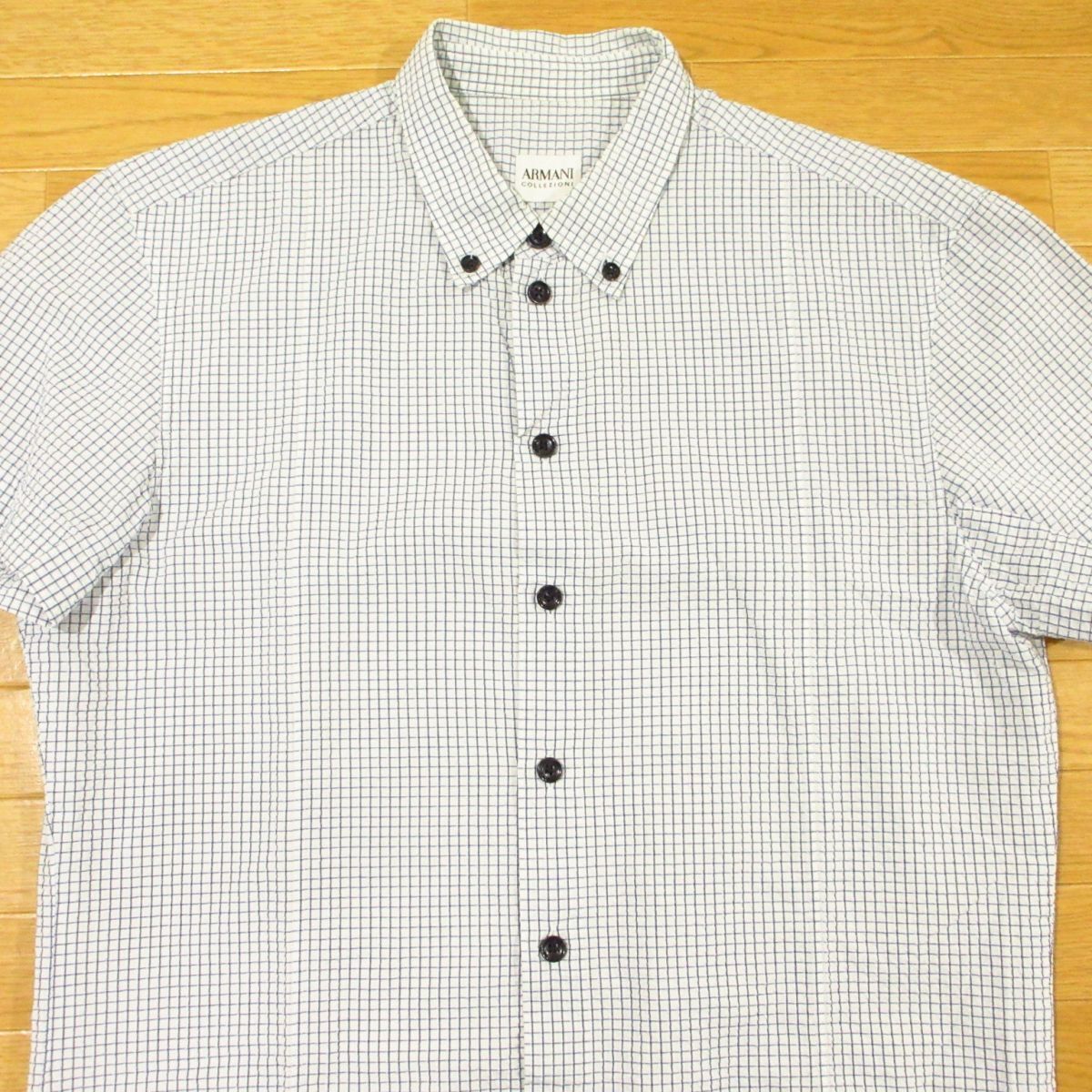 ◎良品!アルマーニ コレツィオーニ ARMANI COLLEZIONI ボタンダウンシャツ 半袖 チェック柄 メンズ 水色 Sサイズ◆AA4097拍卖