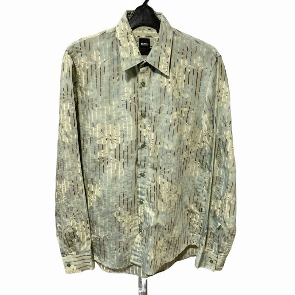 送料込み■ヒューゴボス/HUGO BOSS■フラワーボタニカルプリント×ストライプ柄 デザイン シャツ メンズ Mサイズ 長袖拍卖