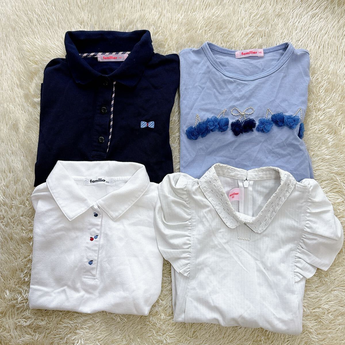 ファミリア まとめ セット 140cm ポロシャツ ティーシャツ ブラウス 紺 白 長袖 半袖 りぼん モチーフ 小学生女の子 匿名配送拍卖