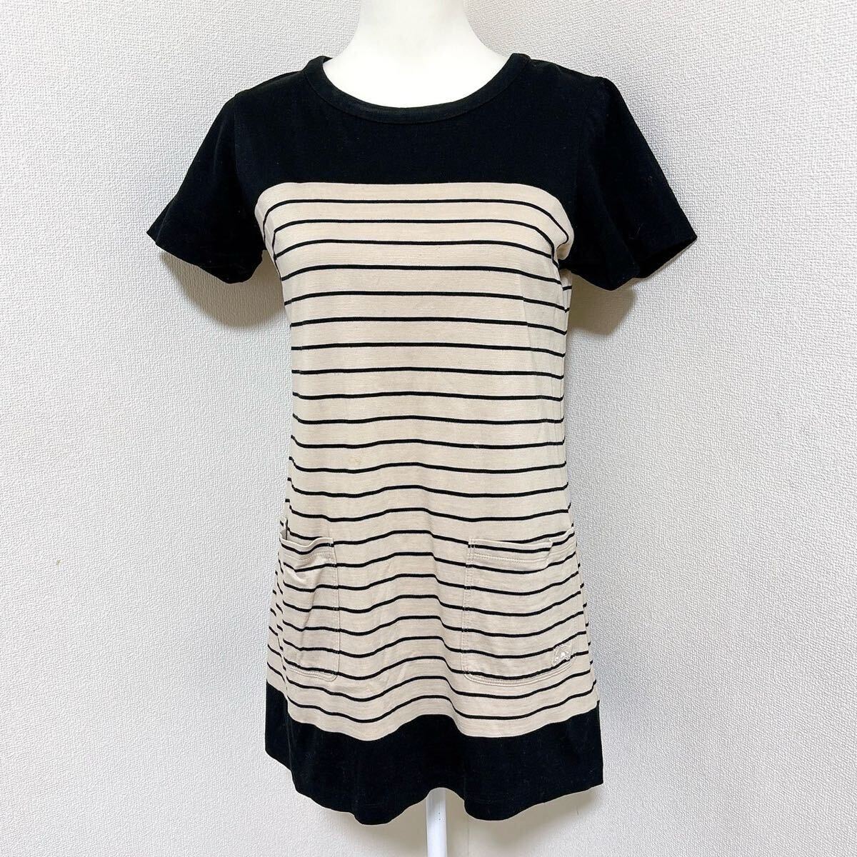 バーバリー ボーダー チュニック ワンピース 半袖 コットン ワンポイント 刺繍 BURBERRY 匿名配送 バイカラー拍卖