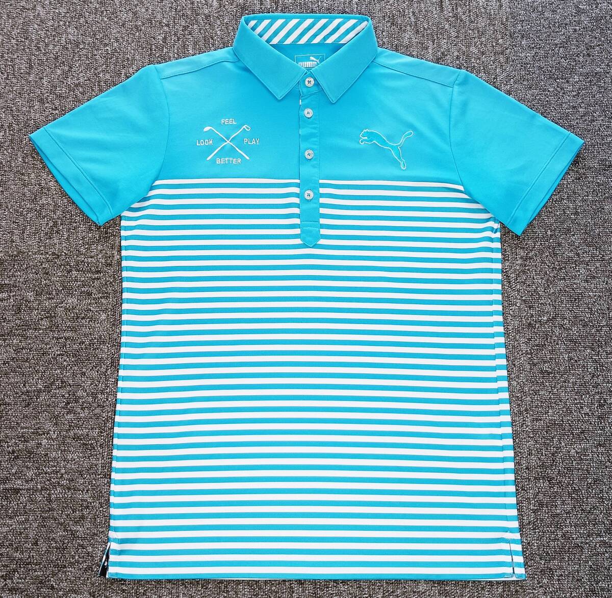 美品!PUMA GOLF プーマゴルフ 薄手 軽量 吸汗速乾 ストレッチ マリンボーダー柄 半袖ゴルフポロ(水色×白M相当)価格10260円拍卖