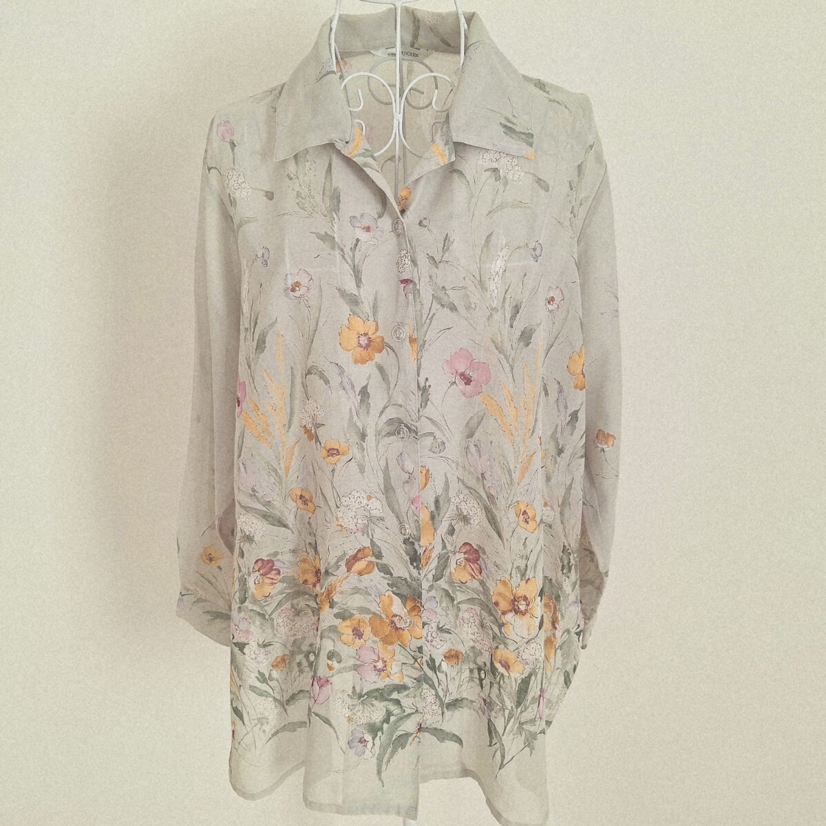 ◆美品◆GRACEHOUSE◆ライトグリーン◆フラワー柄◆綿◆ブラウス◆L◆拍卖