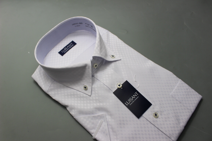 送料185円【新品】LUISANT(山喜) ボタンダウン/ワイシャツ 半袖 /標準体 形態安定  L(41cm)  白市松柄 /UNN601/003(7C299拍卖