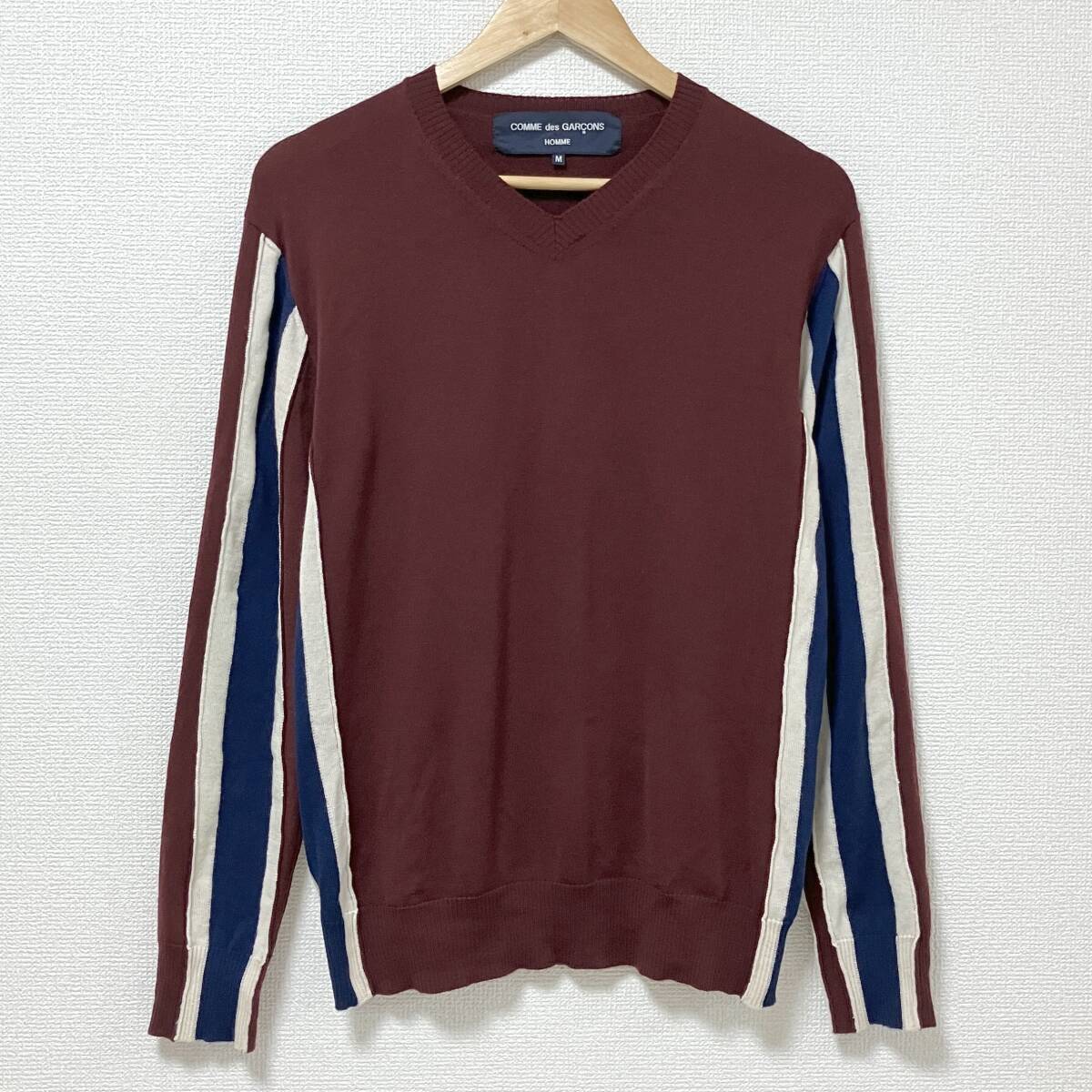 AD2006 COMME des GARCONS HOMME Vネック 袖ライン ウール 薄手 ニット カットソー エンジ コムデギャルソンオム セーター archive 5080021拍卖