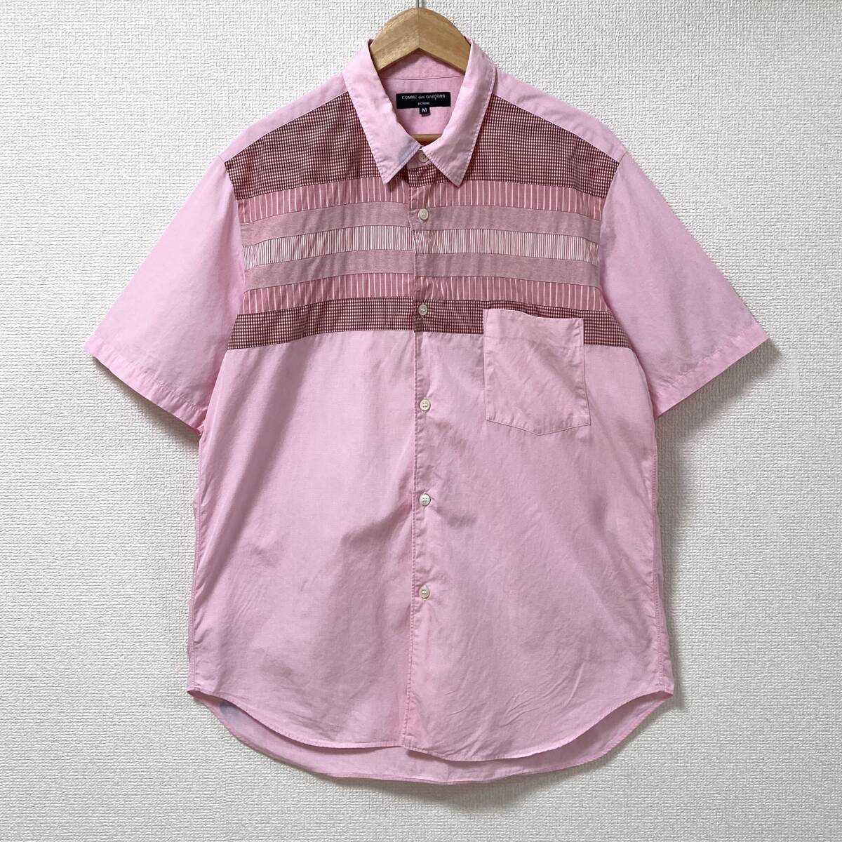 AD2010 COMME des GARCONS HOMME チェック パッチワーク 切替 半袖 シャツ ピンク Mサイズ コムデギャルソンオム archive 5080167 拍卖