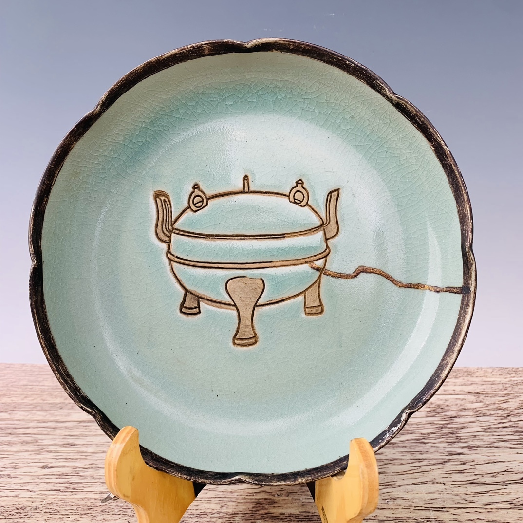 旧 宋 汝窯 補修包銀口 筆洗 唐磁 古陶磁器 陶芸 中国古美術 古賞物 古置物 唐物 S78拍卖