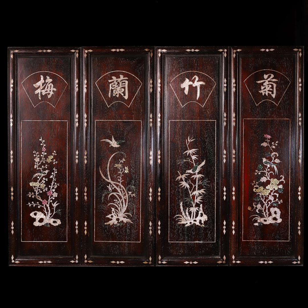旧 清 紫檀木 象嵌貝殻 梅蘭竹菊 四条掛屏 古家具 中国古美術 古賞物 古置物 唐物 S78拍卖