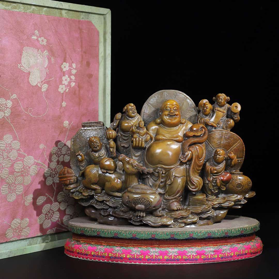 旧 清代 精品寿山石 六子暴れ弥勒 印鑑 時代物 文房具 中国古美術 古賞物 古置物 唐物 S78拍卖