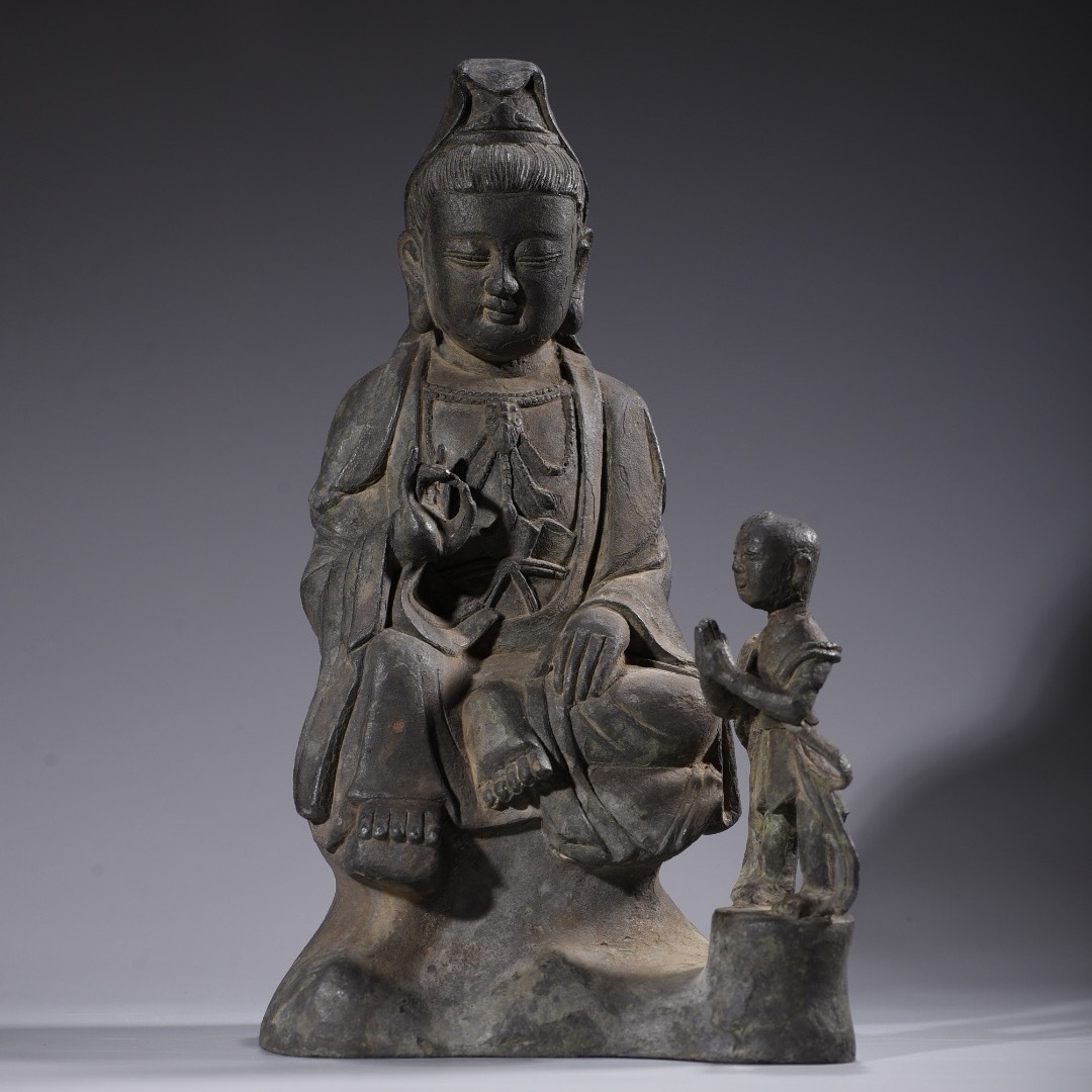 旧 大明宣德 紫銅・童子拝観観音 造像 古家具 中国古美術 古賞物 古置物 唐物 S78拍卖