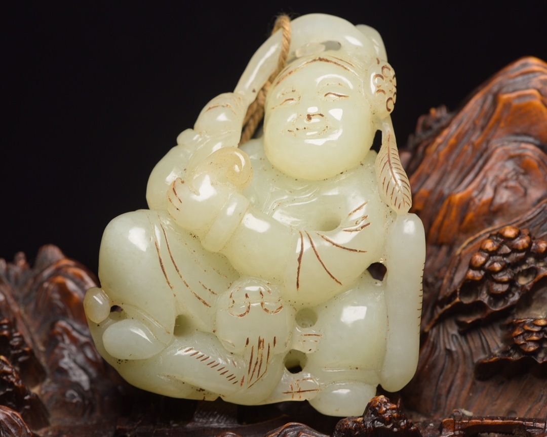 旧 清代 和田玉 如意童子 天然石 時代物 中国古美術 古賞物 古置物 唐物 S78拍卖