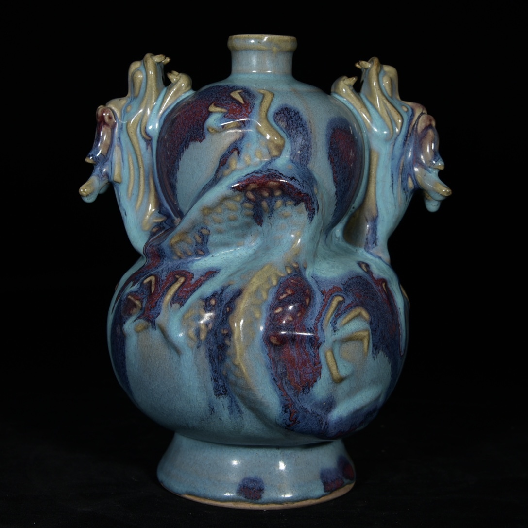 旧 宋代 鈞窯 双龍 葫蘆瓶 唐磁 古陶磁器 陶芸 中国古美術 古賞物 古置物 唐物 S78拍卖