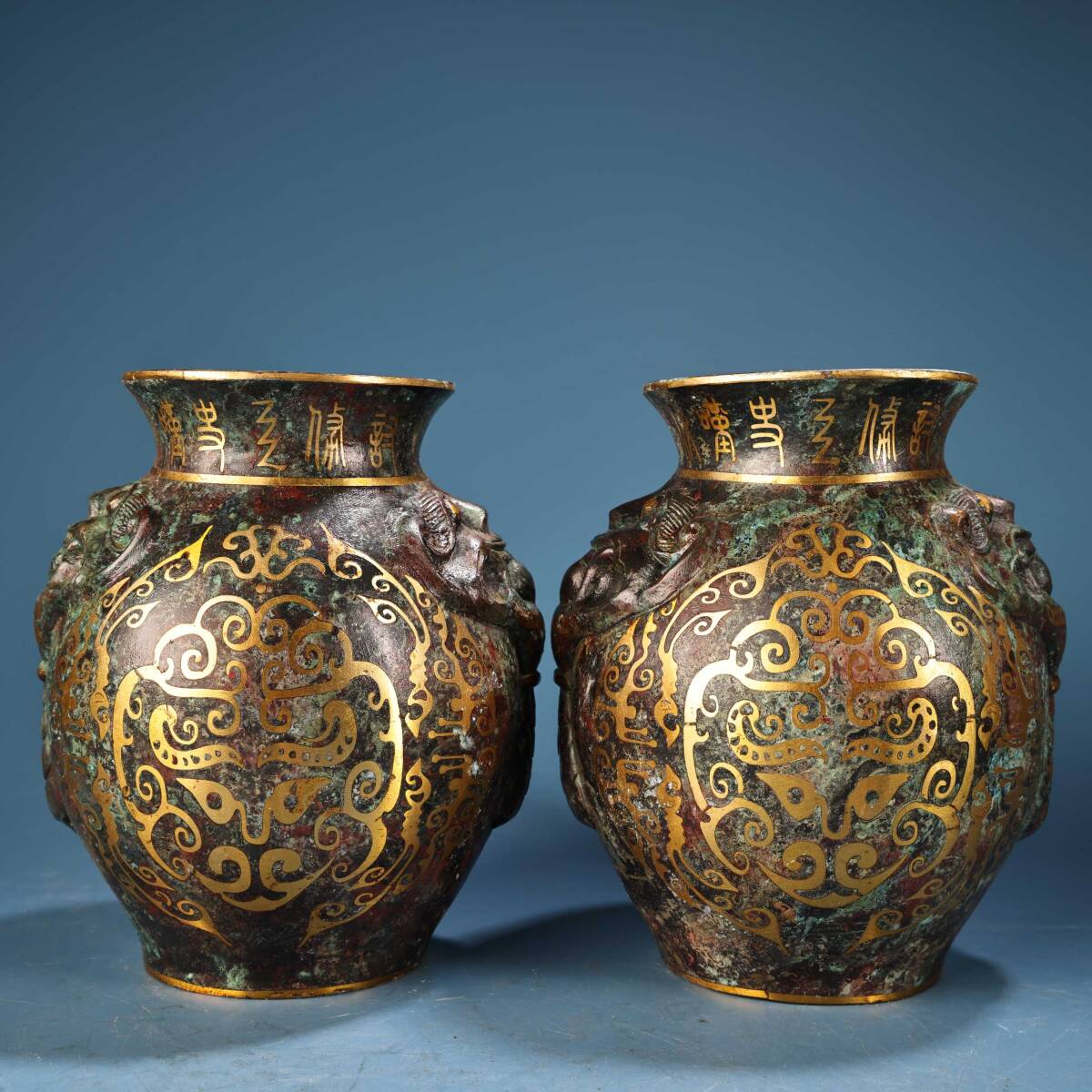 旧 清代 青銅器錯金罐 一對 古家具 中国古美術 古賞物 古置物 唐物 S78拍卖