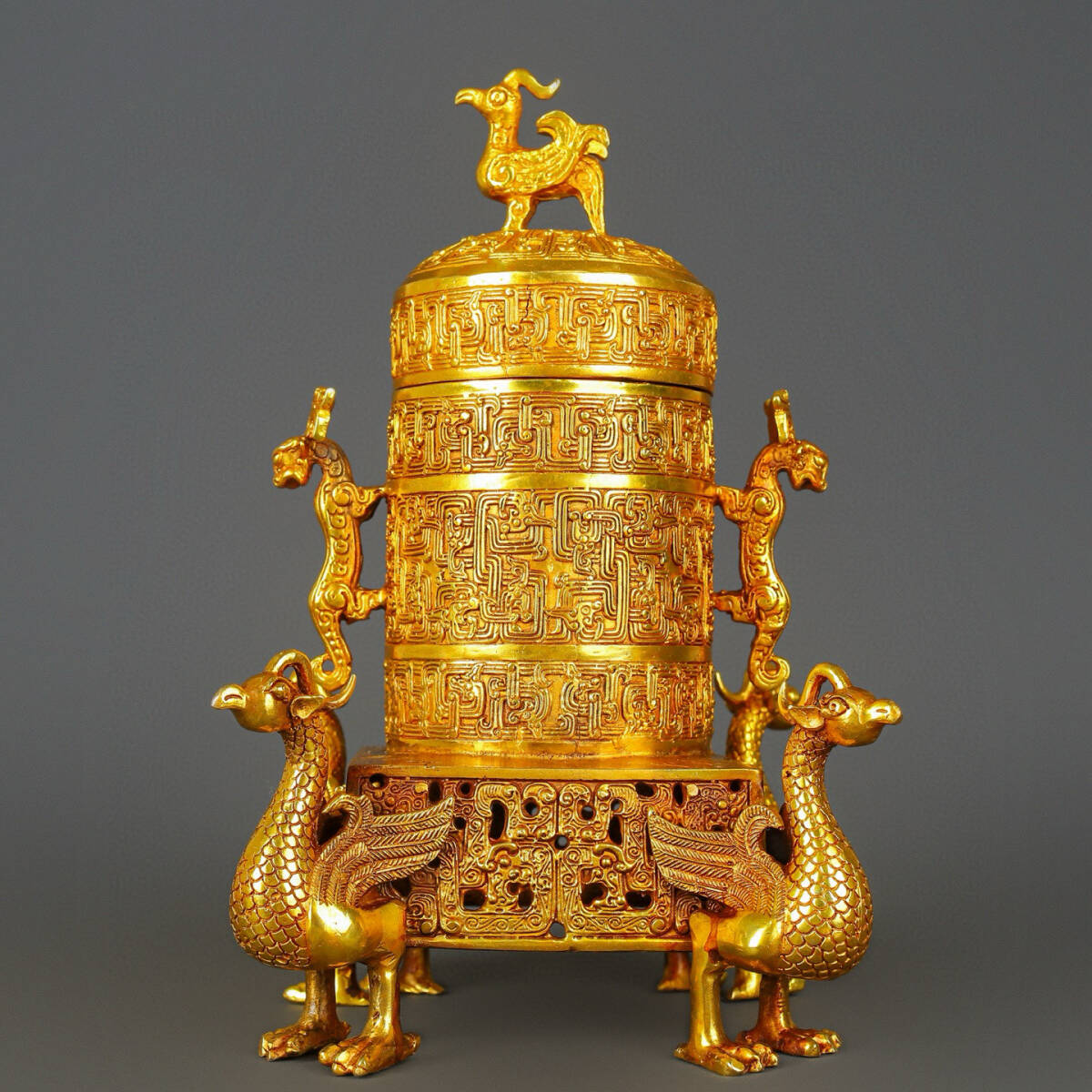 旧 漢代 青銅 鍍真金 鳳鳥倉 古家具 中国古美術 古賞物 古置物 唐物 S78拍卖