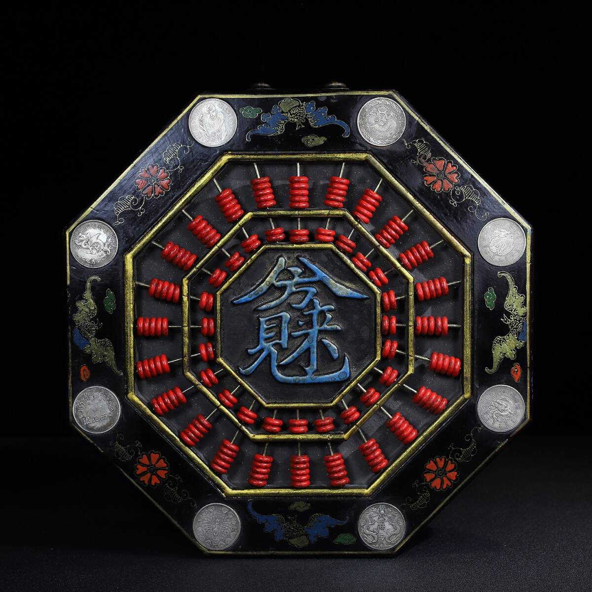 旧 清代 木胎 漆器 彩色 八方来財 八角掛屏算盤 中国古美術 古賞物 古置物 唐物 S78拍卖