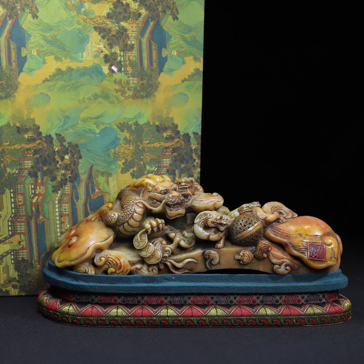 旧 清代 寿山石 透かし彫り 祥龍献瑞 古置物 時代物 文房具 中国古美術 古賞物 唐物 S78拍卖