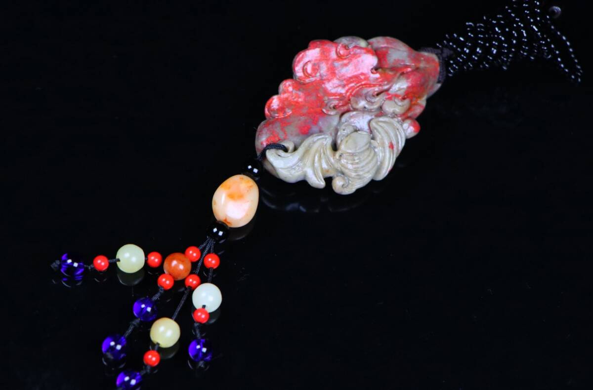 旧 清代 鶏血石 福財双至 手把件 掛件 時代物 文房具 中国古美術 古賞物 古置物 唐物 S78拍卖