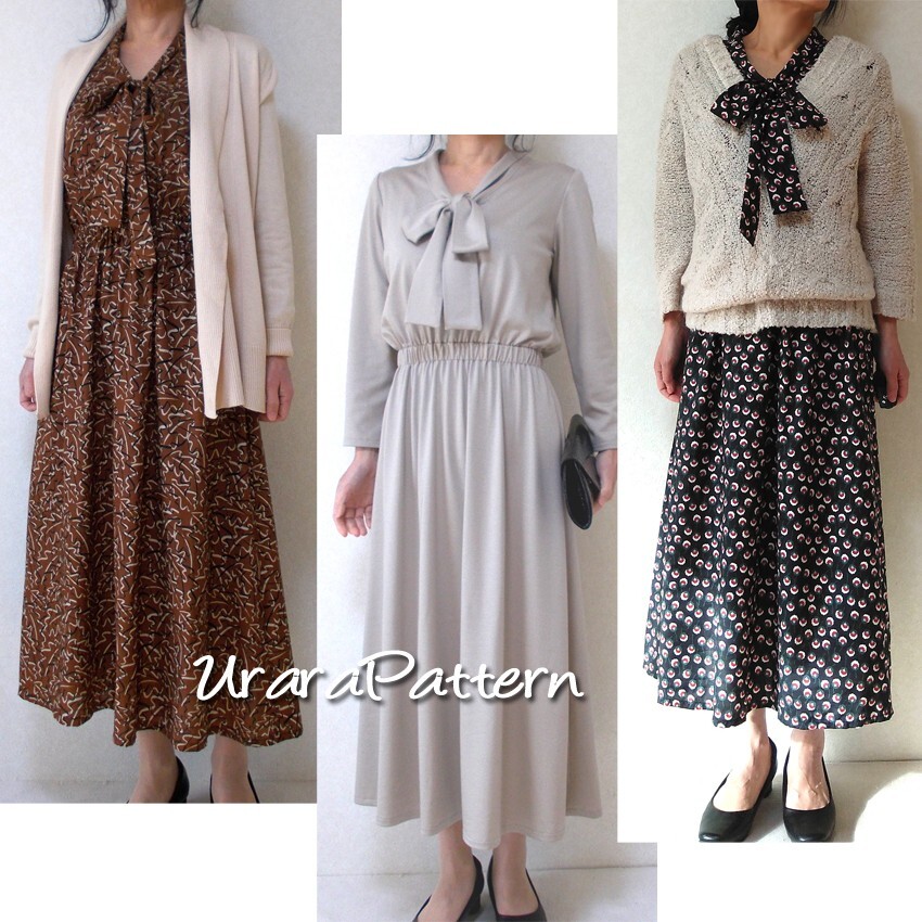 即決♪張り合せ不要!型紙 大人 長袖ボウタイワンピース S~5L拍卖