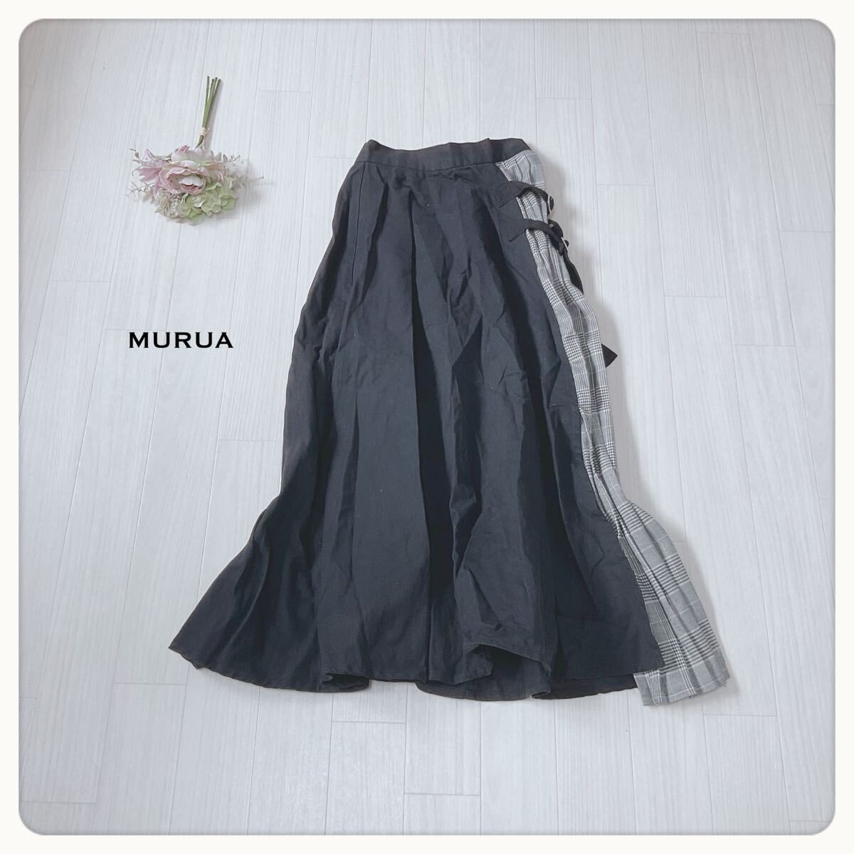 【異素材ミックス】MURUA ムルーア ベルト付き フレアスカート モード サイドベルト 甘辛ミックス 2830拍卖
