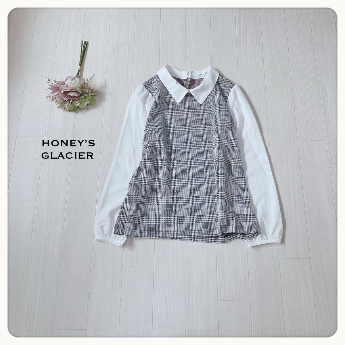 【配色切替】HONEY'S GLACIER ハニーズ グラシア 異素材切替 襟付きブラウス Mサイズ 大人可愛い フェミニン 2831拍卖