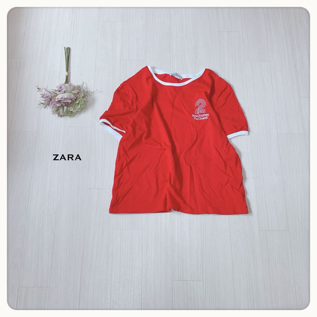 【人気Lサイズ】ZARA ザラ Tシャツ 刺繍ロゴ リンガーT 美品 赤 レッド カジュアル 古着系 リブライン Tシャツ 半袖 トップス 2874拍卖