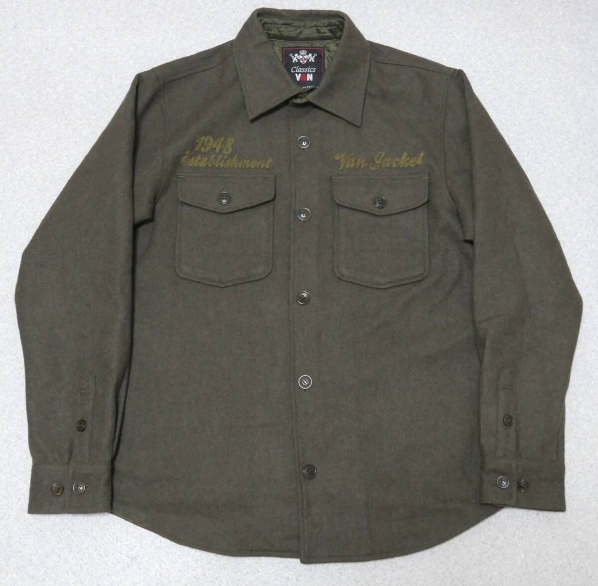 VAN JAC 刺繍 ウールシャツ カーキグリーン M ヴァンジャケット拍卖