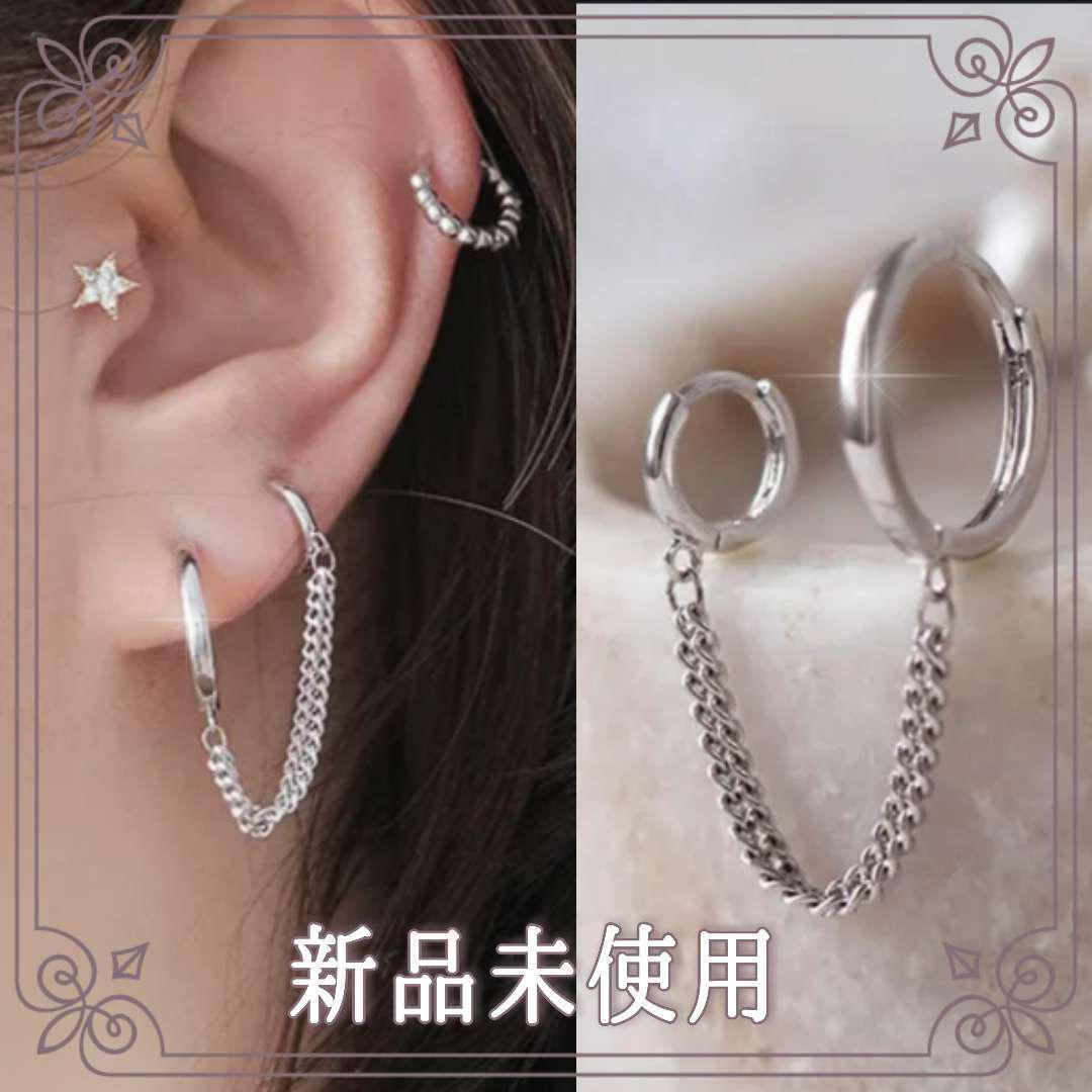 ダブル フープ チェーン ピアス シルバー 真鍮 新品 未使用 おしゃれ拍卖