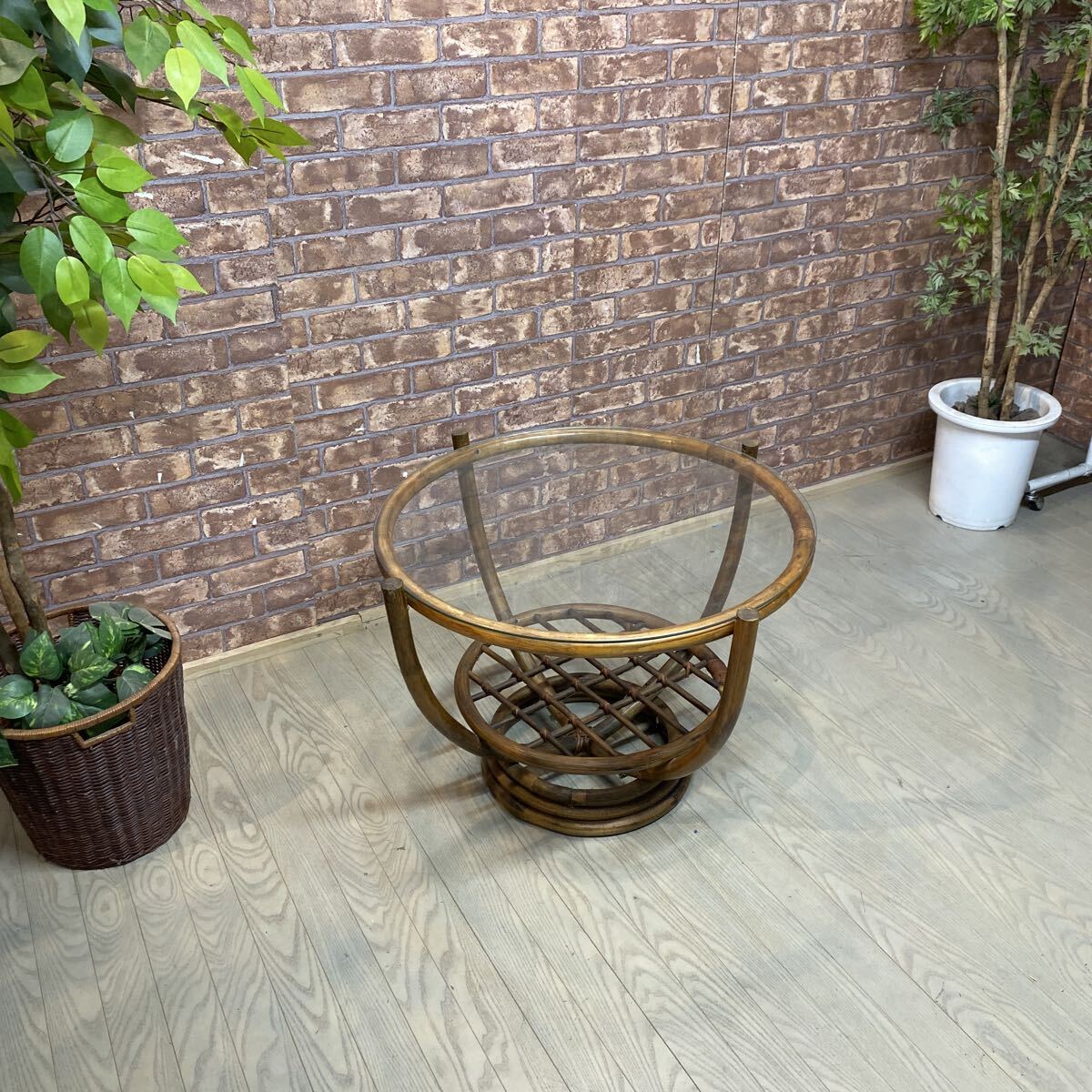 T3775 レストア用 センターテーブル ガラステーブル アンティーク 丸テーブル アジアン 籐家具 ラタンテーブル 拍卖