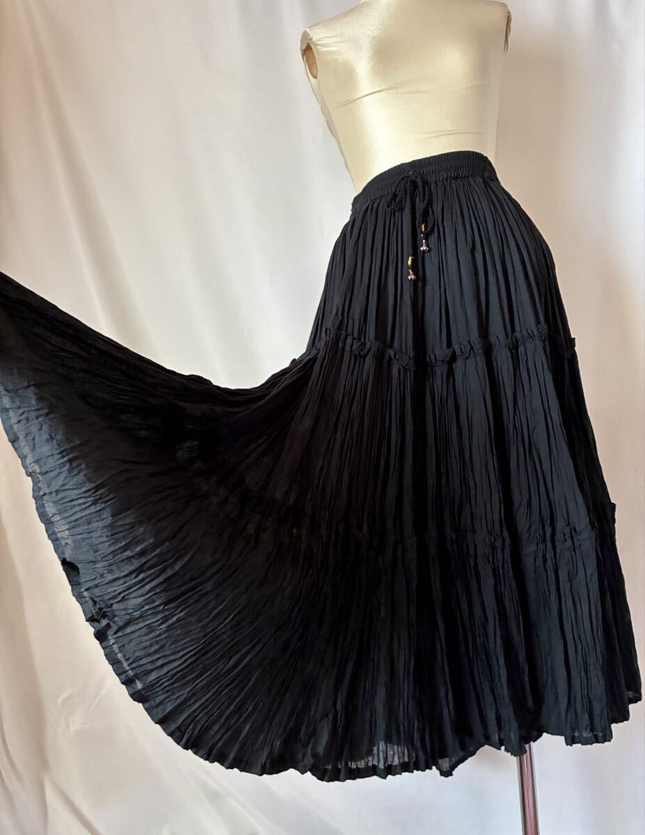 新品タグ付I.KK.COLLECTIONウエストゴム&リボン2WAYティアードロングスカートワンピースF(M-L-LL)黒ブラック(YU)♪レーヨン100%裏地有 拍卖