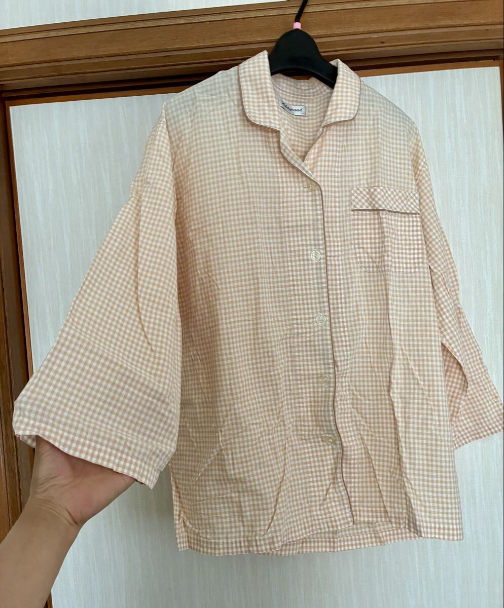 addyread長袖シャツブラウス袖ゆったりL白オレンジベージュ系チェック綿コットン100%♪拍卖
