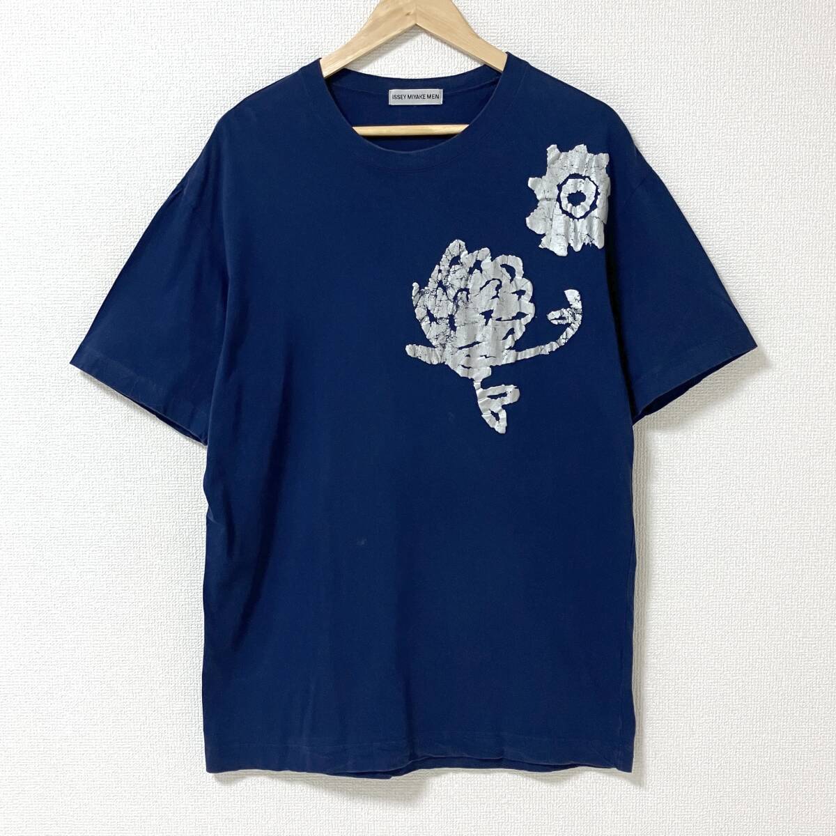 90s ISSEY MIYAKE MEN シルバープリント Tシャツ 紺 日本製 Fサイズ イッセイミヤケメン 半袖 カットソー Tee VINTAGE archive 5080035拍卖