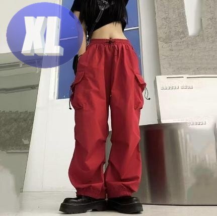 カーゴパンツ レッド レディース XL ワイド ストリート ダンス アウトドア ウエストゴム拍卖
