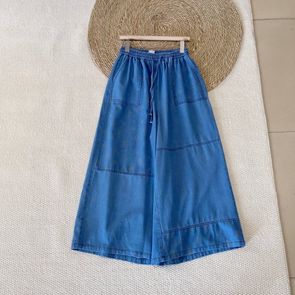 lh 0708 ズボン 縫い合わせ 花柄 フリーサイズ ナチュラル 綿100% 大人可愛 サラサラ ゆったり 濃いめ色拍卖