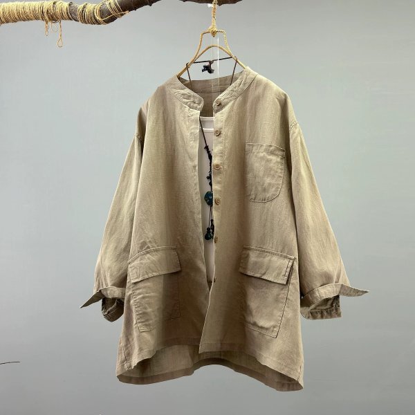 c 2508 カーディガン フリーサイズ ワイシャツ チュニックトップス ナチュラル 麻100% RINEN リネン サラサラ 通気性良い 大きなポケット3拍卖