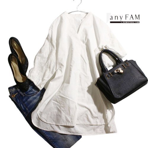 美品 エニィスィス any SiS 組曲 株)オンワード樫山 春 夏 ゆったり ナチュラル レーススリーブ 刺繍 ロングカットソー ホワイト 白 シャツ拍卖