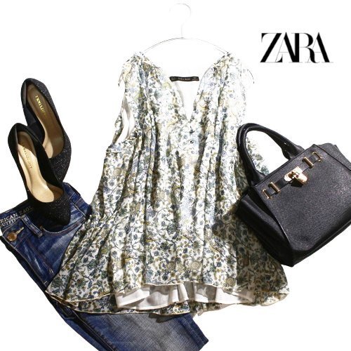 美品 ZARA BASIC ザラ ベーシック 春 夏 フラワー ペイズリー 柄 プリント シフォンカットソー ノースリーブ ブラウス M ホワイト 白 紺拍卖