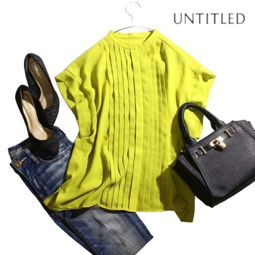 美品 アンタイトル UNTITLED 株) ワールド 夏 ピンタック デザイン ジャージ― シフォン ブラウス 0 ライム グリーン オフィス ミセス 上品拍卖