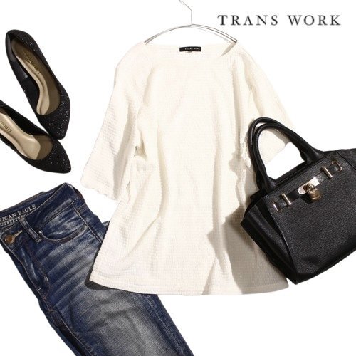 美品 TRANS WORK トランスワーク 株)三陽商会 夏 ほんのり透け感 ギャザー 半袖 カットソー 9号 38 ホワイト 白 オフィス 通勤 無地 綺麗め拍卖