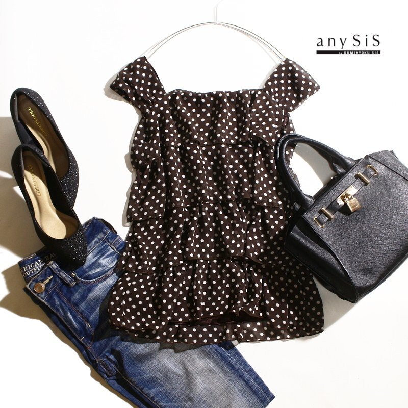 美品 エニィスィス any SiS 組曲 株)オンワード樫山 夏 ドット柄 フリル ノースリーブ シフォンカットソー 2 ダークブラウン オフィス拍卖