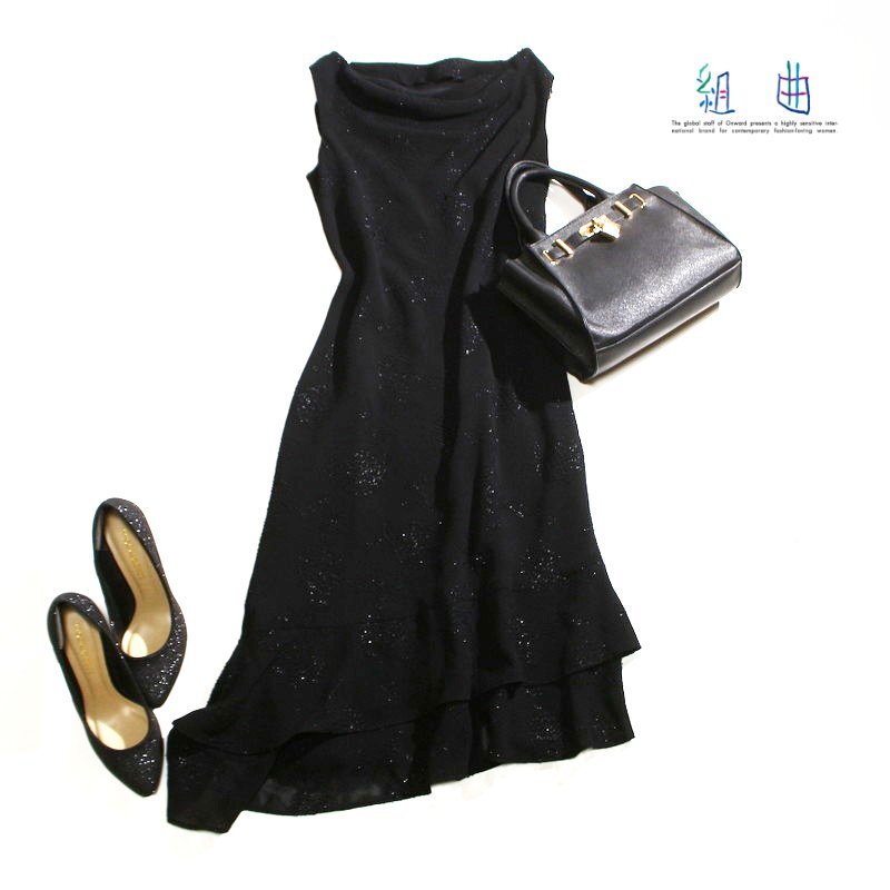 美品 組曲 クミキョク 株)オンワード樫山 上品 ラメ 立体 刺繍 柄 フォーマル ドレス ノースリーブワンピース 3 ブラック 黒 11号 パーティ拍卖