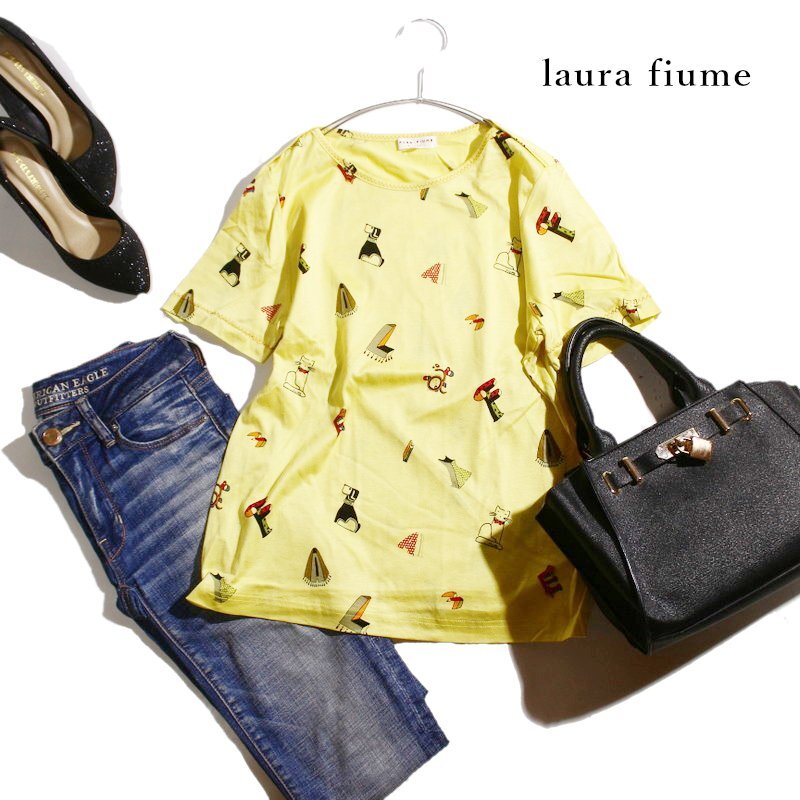 美品 laura fiume Milan ラウラフューメ ミラノ 株) ライカ 夏 ロゴ イラスト プリント 半袖 Tシャツ イエロー 黄色 42拍卖