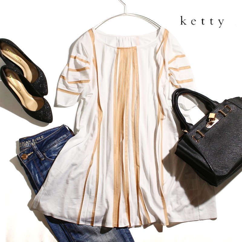 美品 Doux toucher ketty ケティ 夏 プリーツ 透け バイカラー ロングカットソー M ホワイト 白 オレンジ ギャザー デザイン スリーブ拍卖