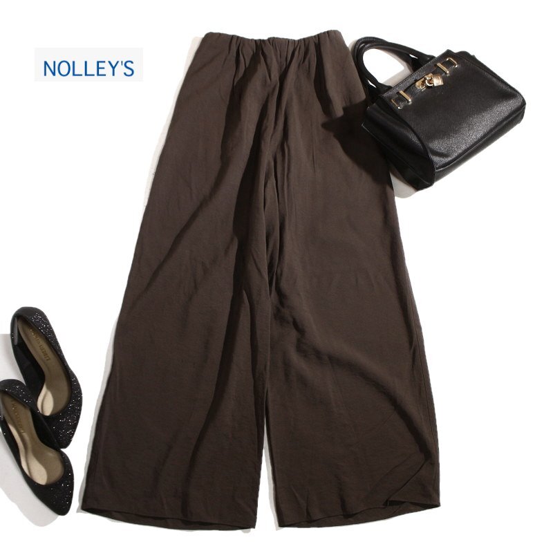 美品 ノーリーズ NOLLEY'S 夏 爽快 リネンライク ウエストゴム イージーパンツ リラックス スラックス パンツ ダークブラウン S 36拍卖