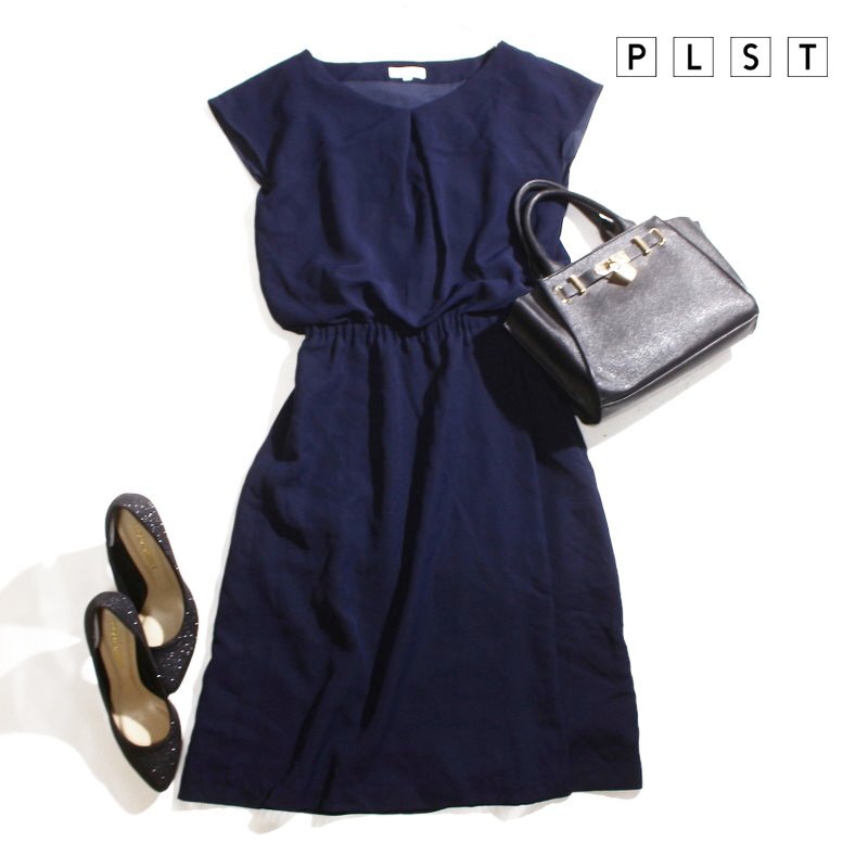 美品 セオリー Theory プラステ PLST 夏 フォーマル 半袖 ワンピース XS ネイビー 紺 ウエストゴム ポリエステル オフィス 通勤 綺麗め拍卖